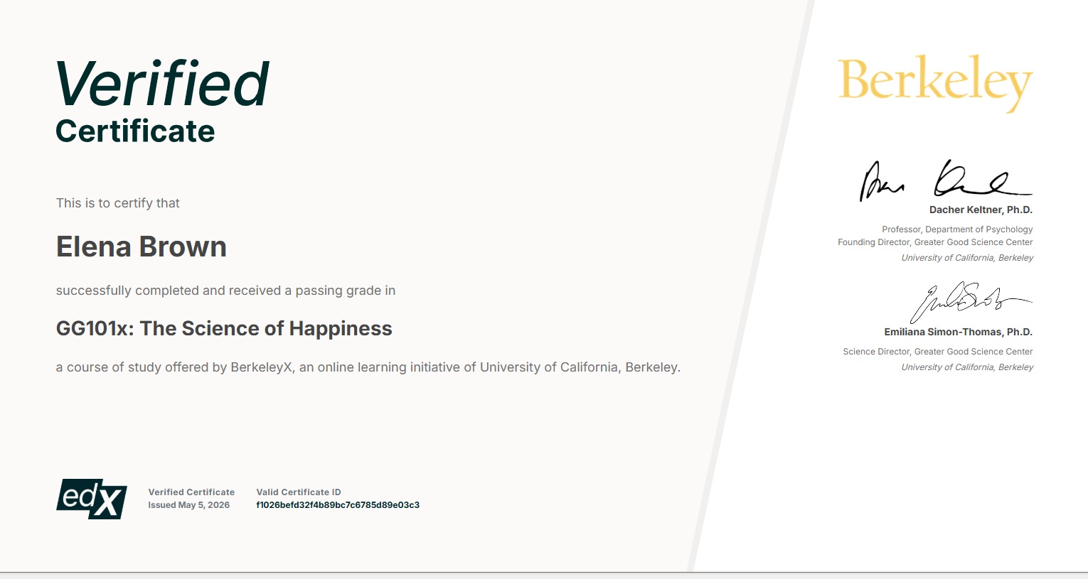 Berkeley certificate